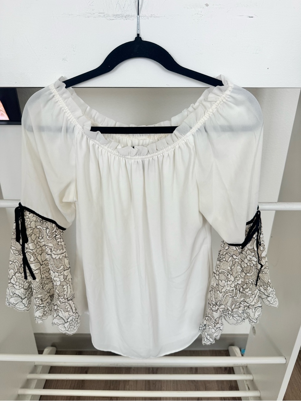 White House Black Market White Off-Shoulder Blouse with Lace Bell Sleeves